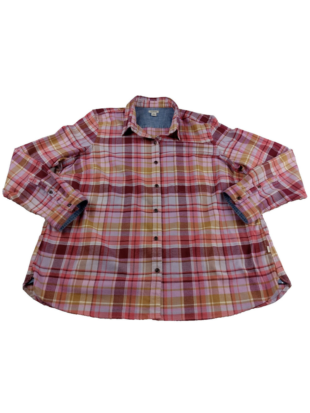 LL Bean Flannel Shirt Womens 1X Pink Orange Cream Plaid Long Sleeve Button Up